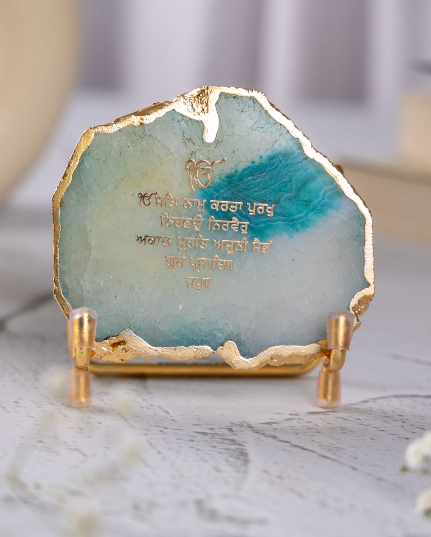 Ik Onkar Mantra Green Agate Showpiece With Metal Base | 4 x 4 x 3.5 inches