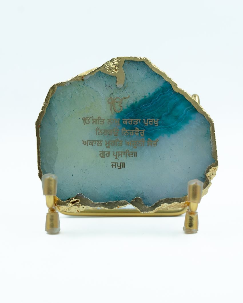 Ik Onkar Mantra Green Agate Showpiece With Metal Base | 4 x 4 x 3.5 inches