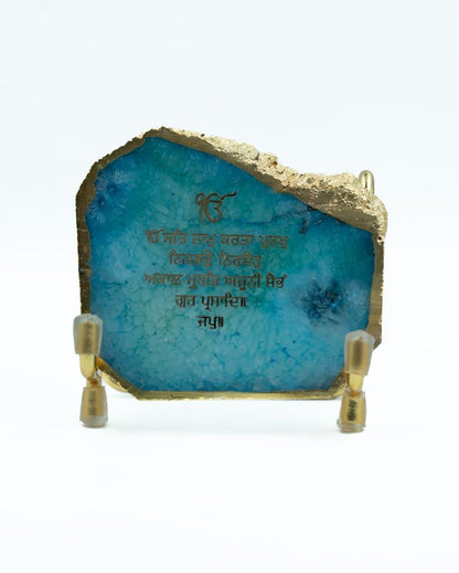 Ik Onkar Mantra Turquoise Agate Showpiece With Metal Base | 4 x 4 x 3.5 inches