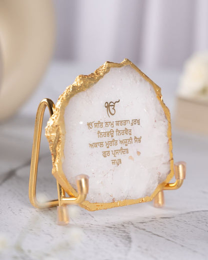 Ik Onkar Mantra White Agate Showpiece With Metal Base | 4 x 4 x 3.5 inches