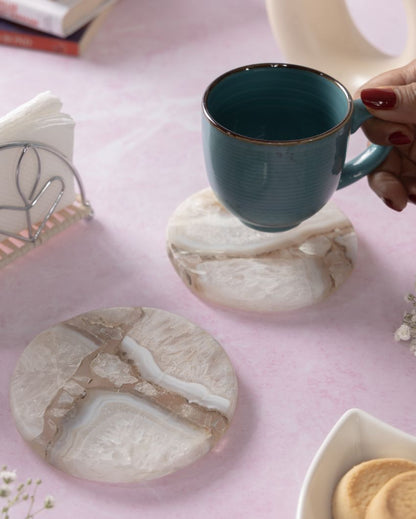 Natural White Agate Round Coasters | Set Of 2 | 4 inches