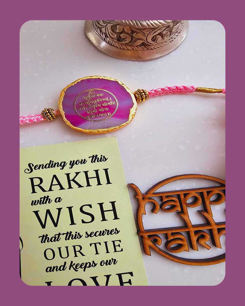 Pink Gyatri Mantra Rakhi With Roli Chawal For Raksha Bandhan