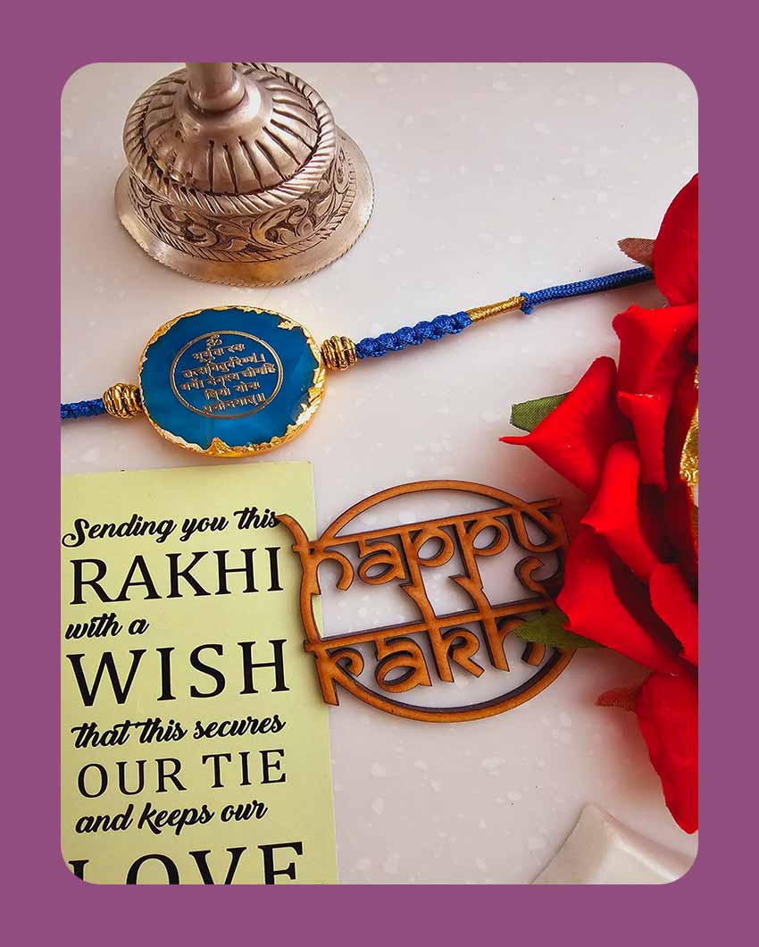 Turquorise Gyatri Mantra Rakhi With Roli Chawal For Raksha Bandhan