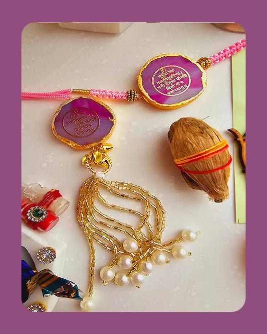 Pink Gayatri Mantra Couple Rakhi With Roli Chawal For Raksha Bandhan