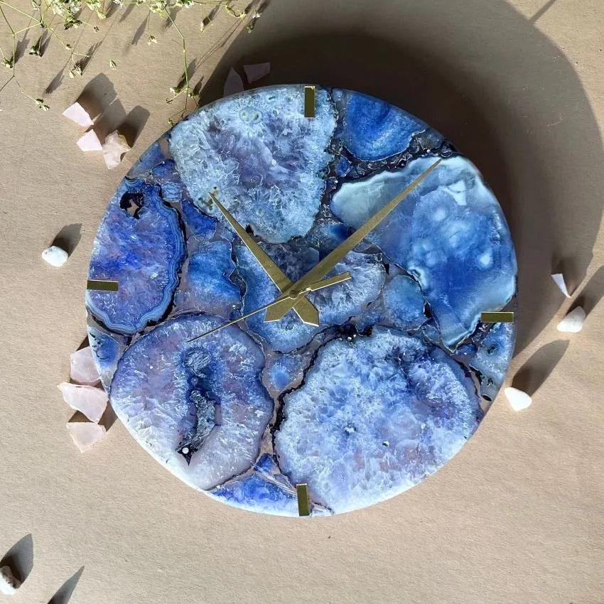 Exquisite Handcrafted Agate Round Wall Clock Blue