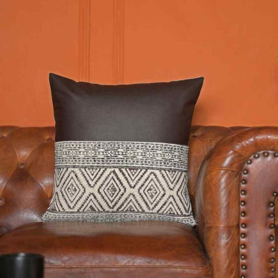 Hand Block Cotton Printed Cushion Cover With Vegan Leather 16 Inches