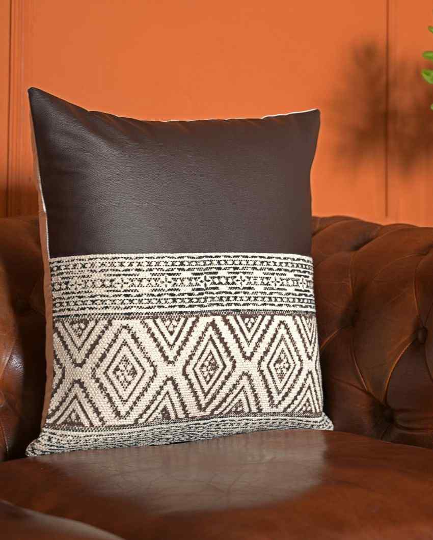 Hand Block Cotton Printed Cushion Cover With Vegan Leather 16 Inches