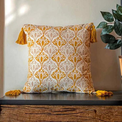 Hand Block Printed Cotton Tassel Square Cushion Cover 16 Inches