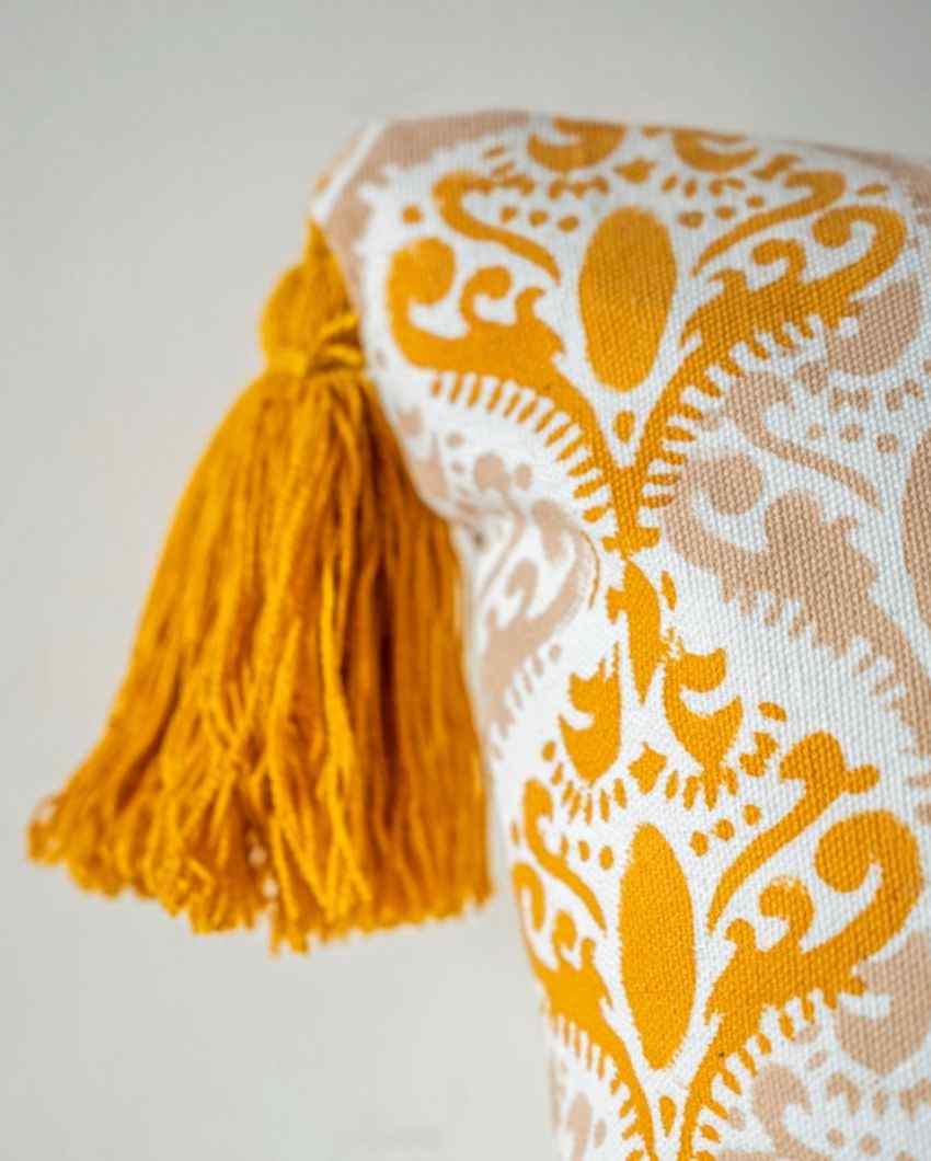 Hand Block Printed Cotton Tassel Square Cushion Cover 16 Inches