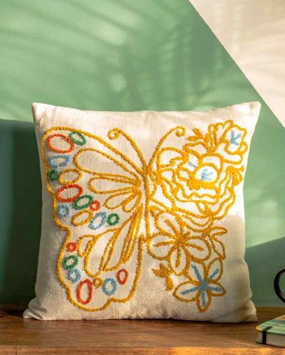 Cotton Butterfly Embroidery Slub Square Cushion Cover 16 Inches