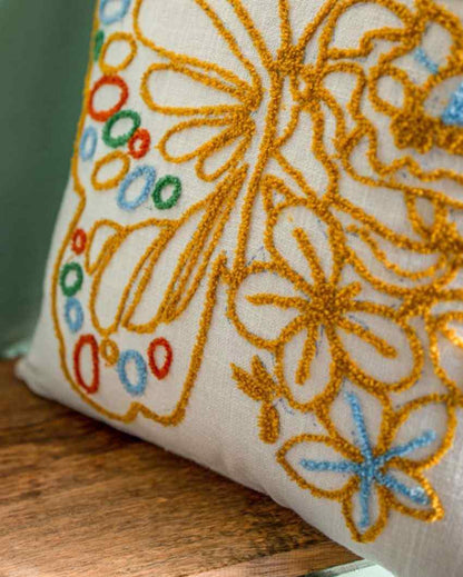 Cotton Butterfly Embroidery Slub Square Cushion Cover 16 Inches