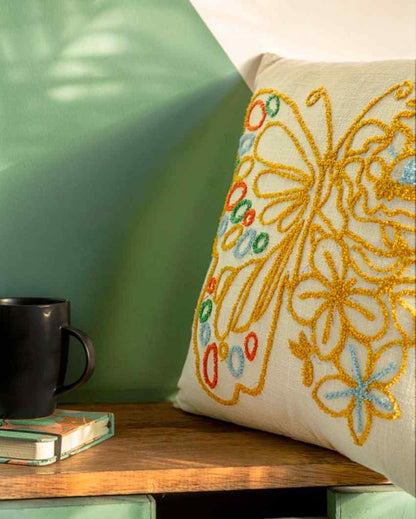 Cotton Butterfly Embroidery Slub Square Cushion Cover 16 Inches