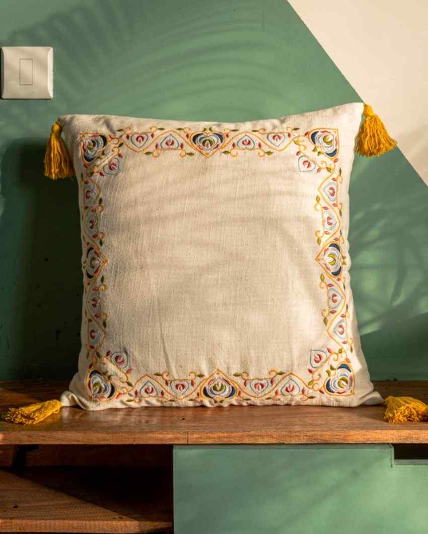 Embroidery Cotton Slub Square Cushion Cover 16 Inches