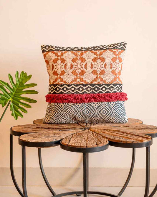 Multicolor Hand Block Tufted Cotton Square Cushion Cover 16 Inches