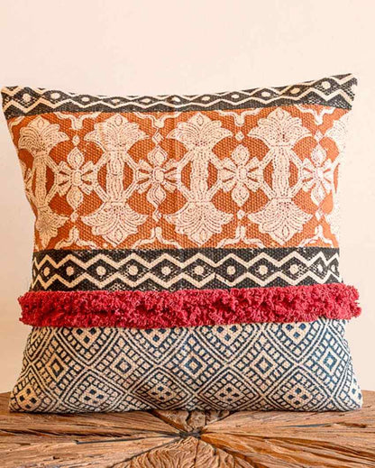 Multicolor Hand Block Tufted Cotton Square Cushion Cover 16 Inches