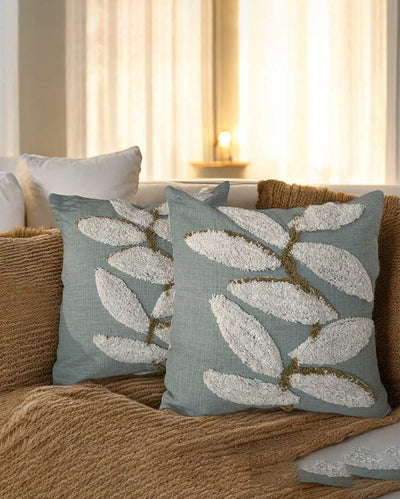 Tranquil Aqua Leaf Tufted Cushion Cover | 18 x 18 inches