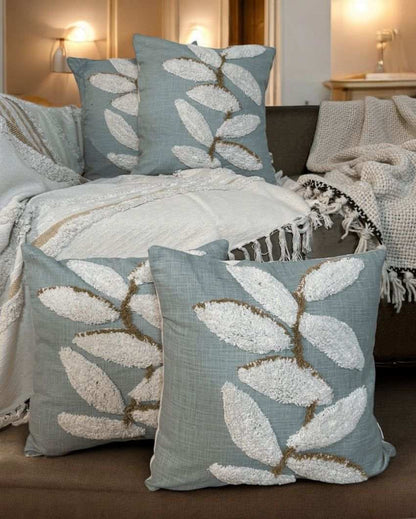 Tranquil Aqua Leaf Tufted Cushion Cover | 18 x 18 inches