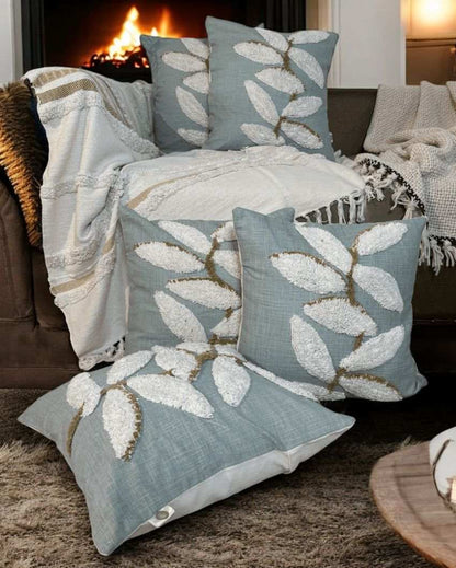 Tranquil Aqua Leaf Tufted Cushion Cover | 18 x 18 inches