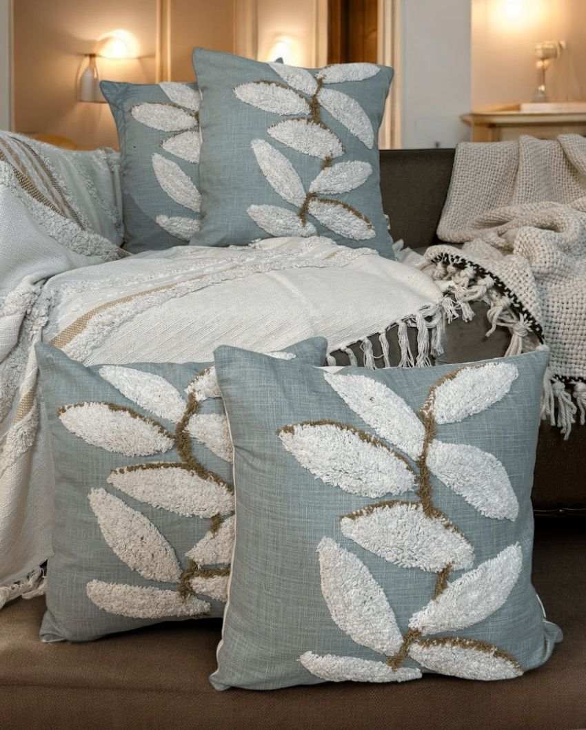 Tranquil Aqua Leaf Tufted Cushion Cover | 18 x 18 inches