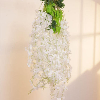 Artificial Wisteria Vine Ratta Fake Hanging Garland Silk Long Bush Flowers | Set Of 12 | 39 Inches White