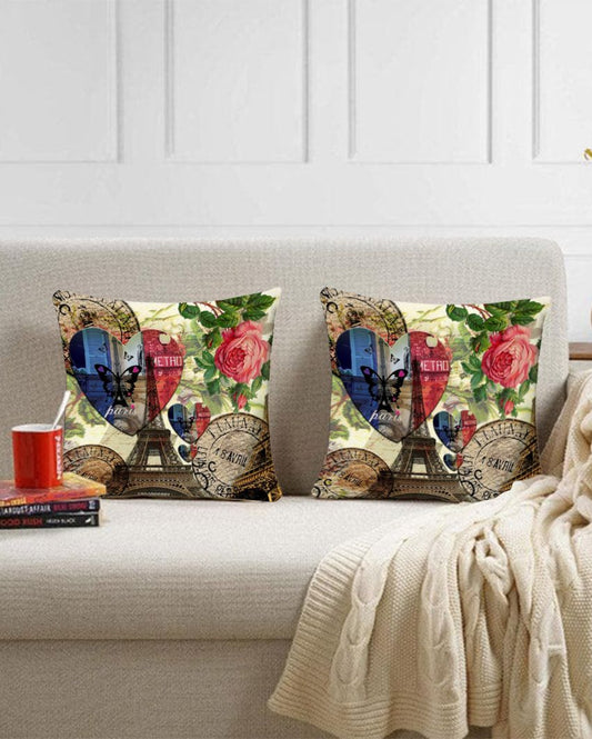 Paris Love Digital Printed Polyester Cushion Covers | Set of 5 | 16 x 16 inches