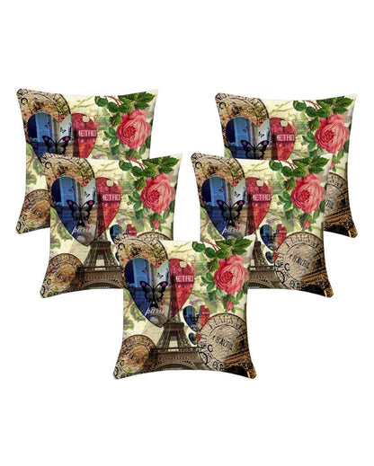 Paris Love Digital Printed Polyester Cushion Covers | Set of 5 | 16 x 16 inches