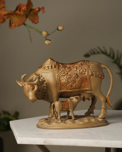 Stone Finish Brass Kamdhenu with Calf Showpiece