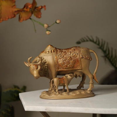 Stone Finish Brass Kamdhenu with Calf Showpiece