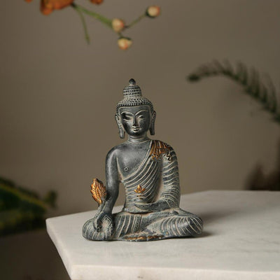 Antique Blue Stone Finish Brass Buddha Showpiece | 4.75 x 3 x 6.5 inches