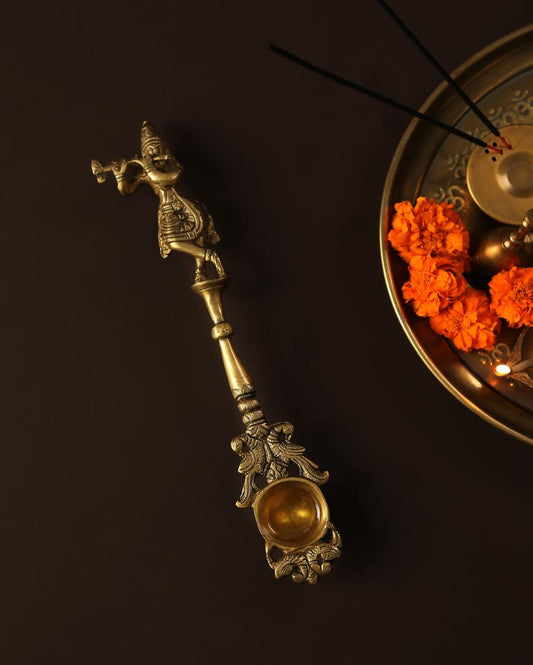 Krishna Idol Carved Brass Havan Spoon Showpiece