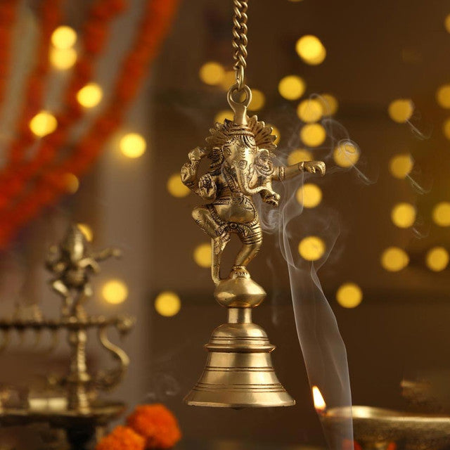 Brass Dancing Ganesha Bell with Chain Showpiece