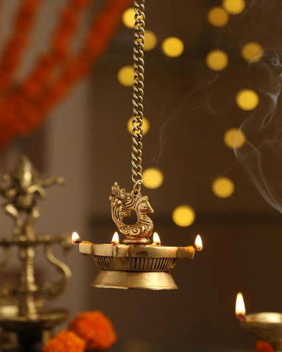 Peacock Hanging Diya with Four Side Lamp