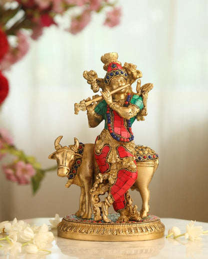 Stone Work Brass Krishna with Cow Showpiece