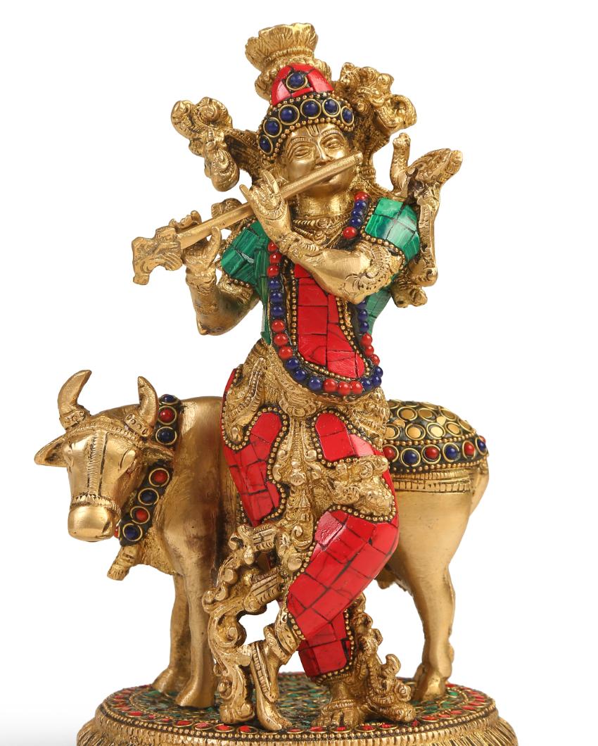 Stone Work Brass Krishna with Cow Showpiece