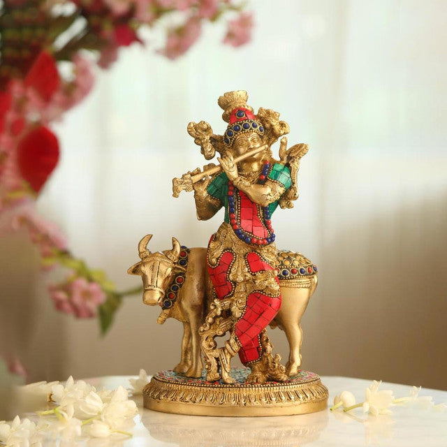 Stone Work Brass Krishna with Cow Showpiece