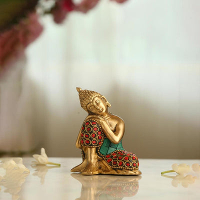 Buddha In Stone Work Brass Showpiece | 2 x 3 x 4 inches