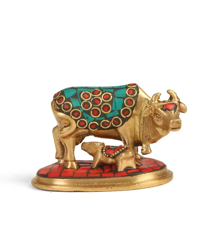 Brass Kamdhenu In Stone Work Showpiece