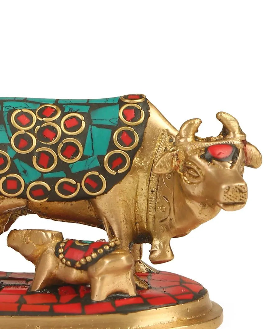 Brass Kamdhenu In Stone Work Showpiece