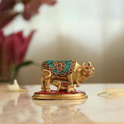 Brass Kamdhenu In Stone Work Showpiece | 2 x 4 x 2 inches