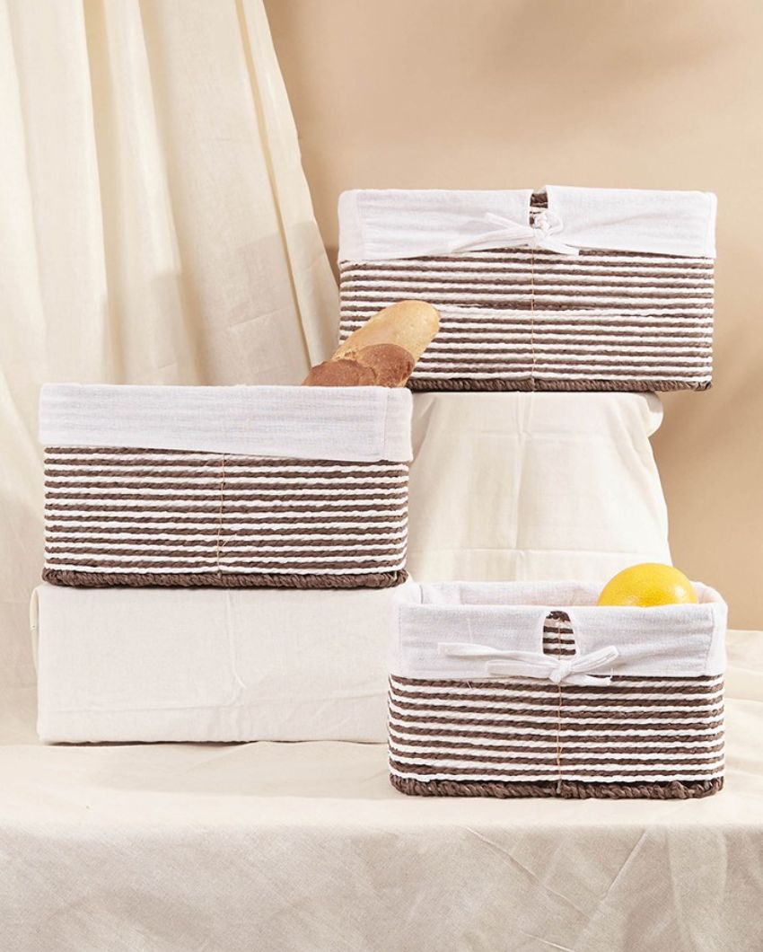 Brown & White Square Basket With Cloth | Set Of 3
