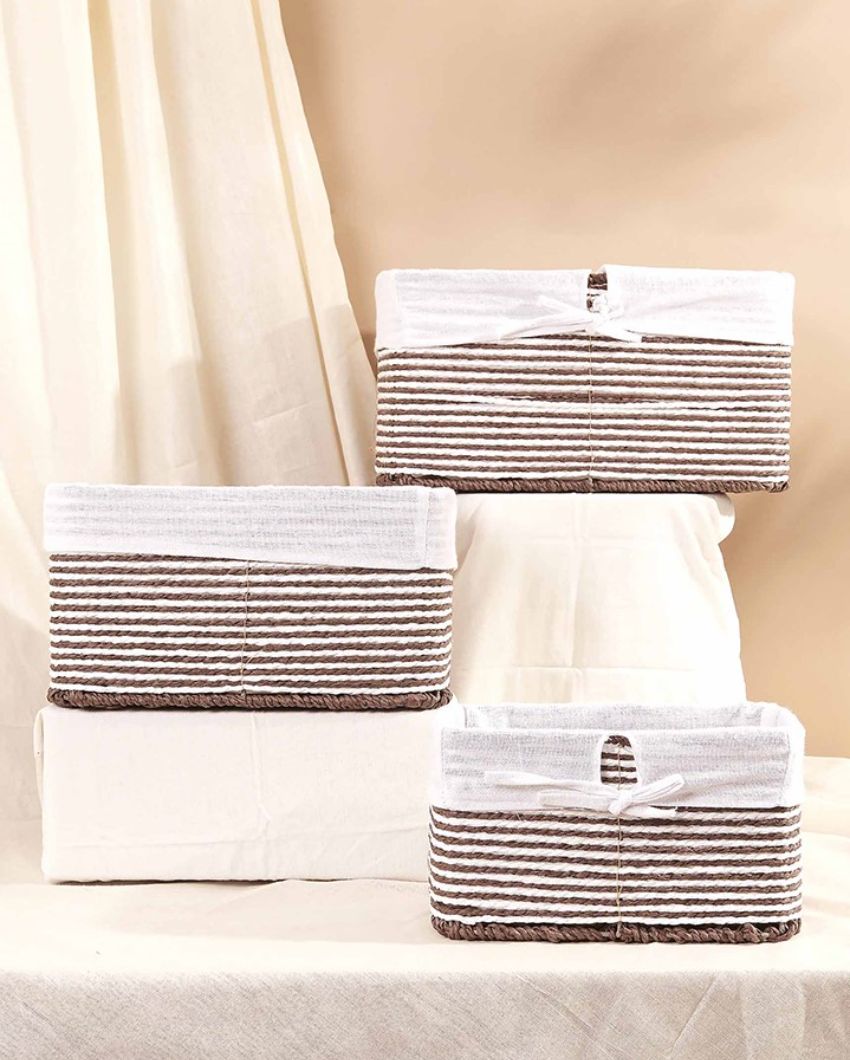 Brown & White Square Basket With Cloth | Set Of 3