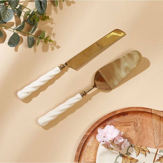 Swirl Ivory Cake Knife Server | Set Of 2 Default Title