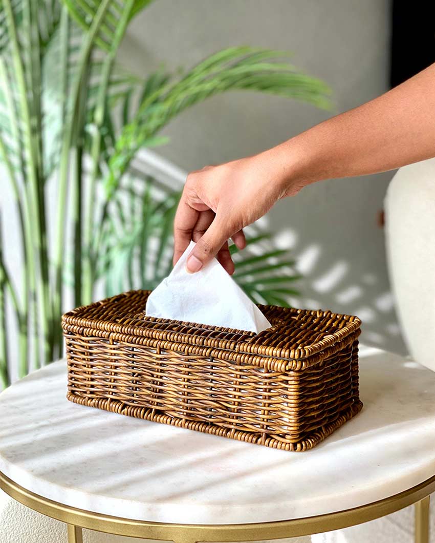 Handcrafted Boho Rattan Tissue Box for Daily Use | 10 x 5 x 3 inches