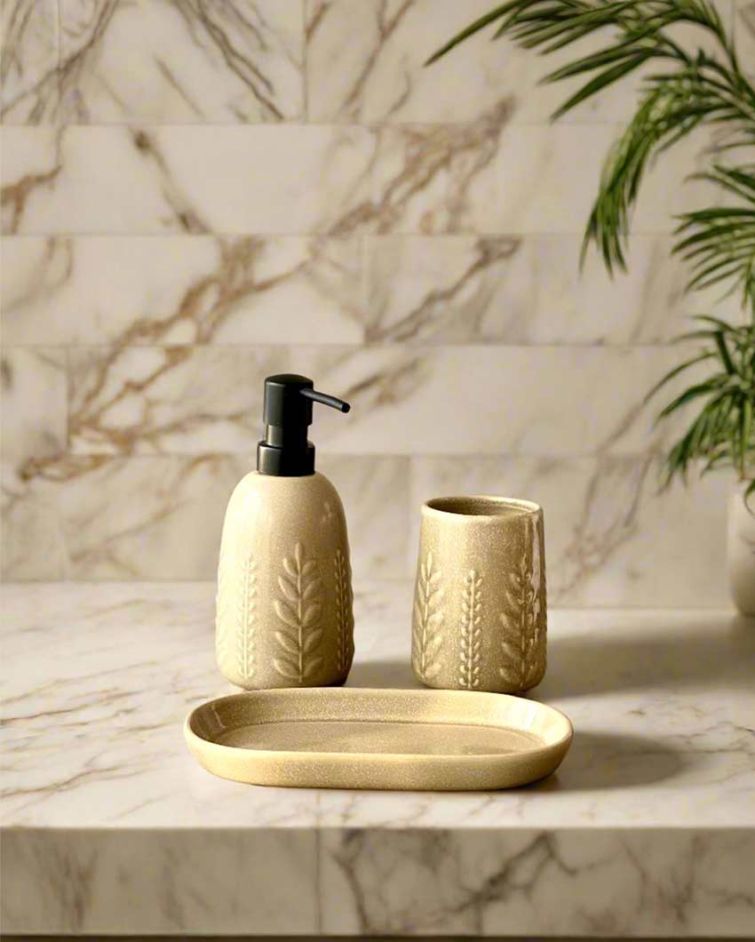 Puebla Bath Accessory Dispenser Tumbler & Tray Set