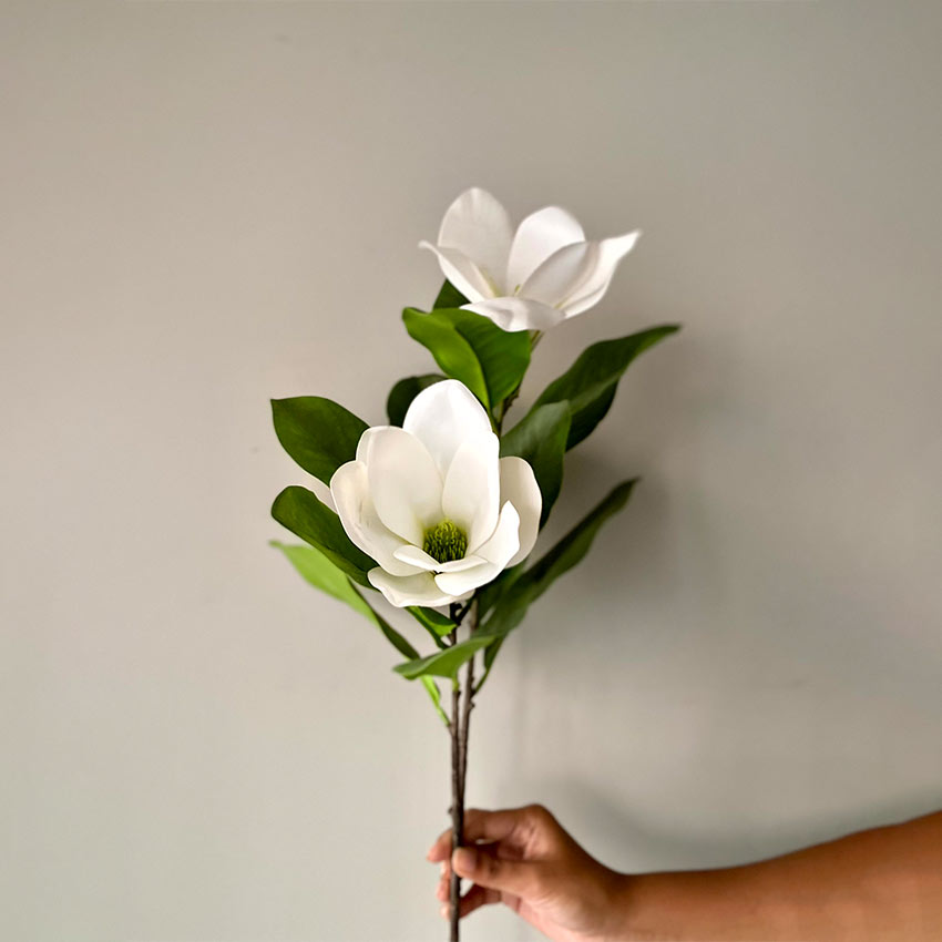 Artificial White & Green Magnolia Silk Flower One Stem Without Vase | 12 x 28 inches