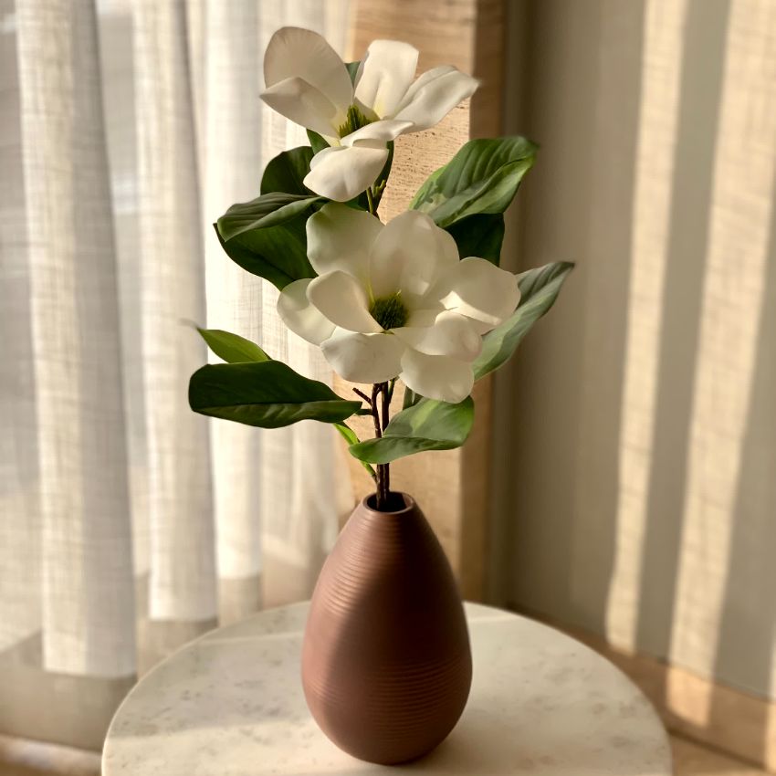 Artificial White & Green Magnolia Silk Flower One Stem Without Vase | 12 x 28 inches