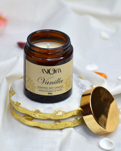 Golden Vanilla Amber Scented Glass Jar Candle | 3 x 3 inches