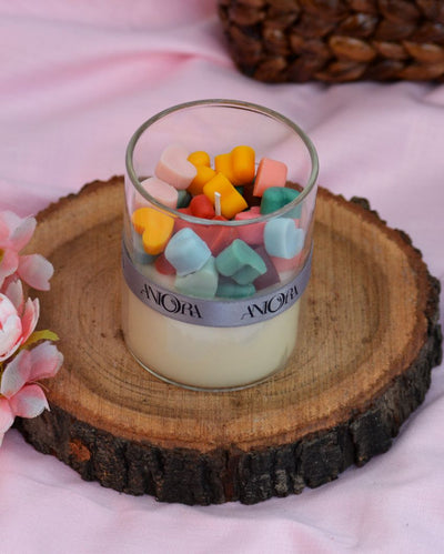 Elegant Rose Scented Multicolor Heart-Filled Glass Jar Candle | 3 x 4 inches