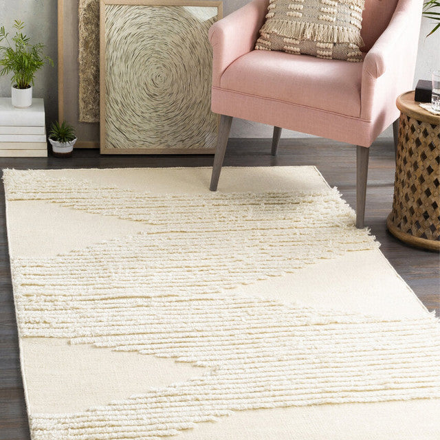 Cream Apache Woolen Handwoven Plush Pile Carpet | Cream | 5 x 3 ft