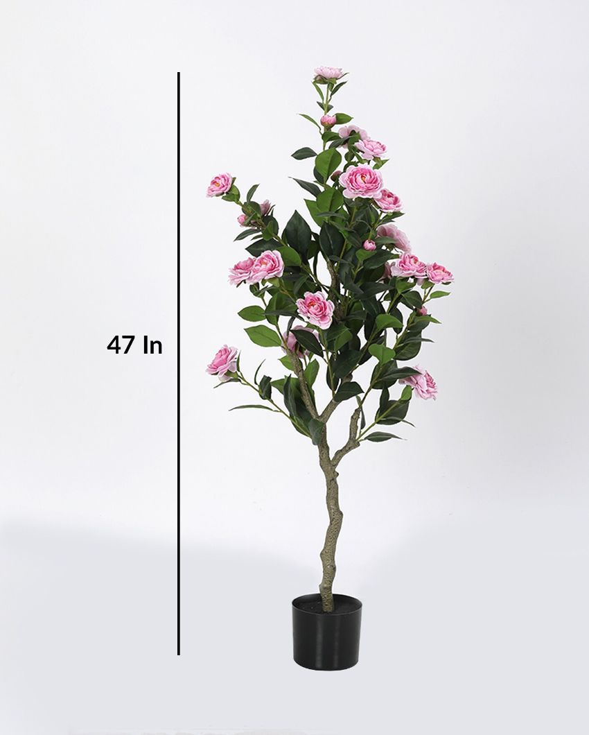 Camellia Artificial Flower Plants in Black Pot Artificial Tree Faux Floral Plant Blooming Camellia with Red Blossom Built- Indoor Outdoor Decoration